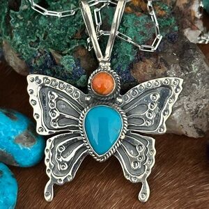 Turquoise spiny oyster southwestern paperclip chain necklace